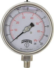 Winters - 4" Dial, 1/4 Thread, 0-100 Scale Range, Pressure Gauge - Lower Connection Mount, Accurate to 1% of Scale - Industrial Tool & Supply