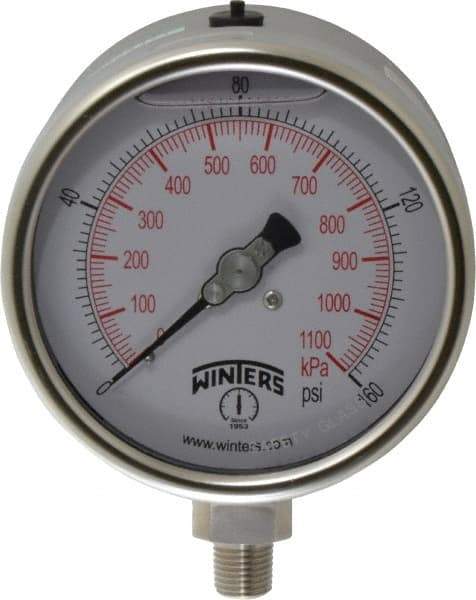 Winters - 4" Dial, 1/4 Thread, 0-160 Scale Range, Pressure Gauge - Lower Connection Mount, Accurate to 1% of Scale - Industrial Tool & Supply