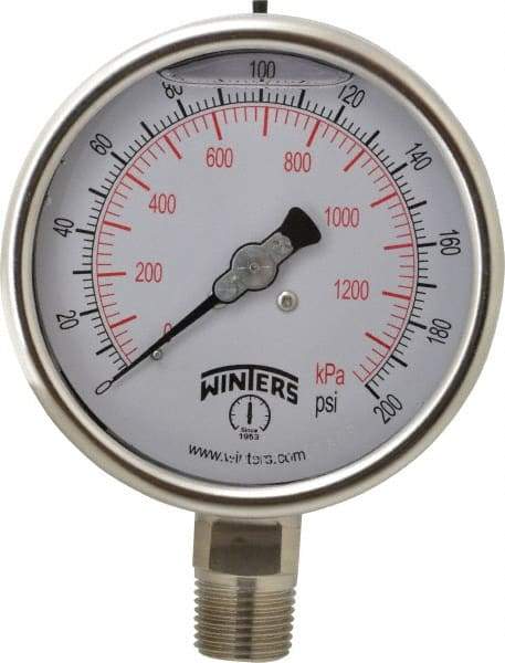 Winters - 4" Dial, 1/2 Thread, 0-200 Scale Range, Pressure Gauge - Lower Connection Mount, Accurate to 1% of Scale - Industrial Tool & Supply