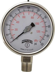 Winters - 4" Dial, 1/2 Thread, 0-200 Scale Range, Pressure Gauge - Lower Connection Mount, Accurate to 1% of Scale - Industrial Tool & Supply