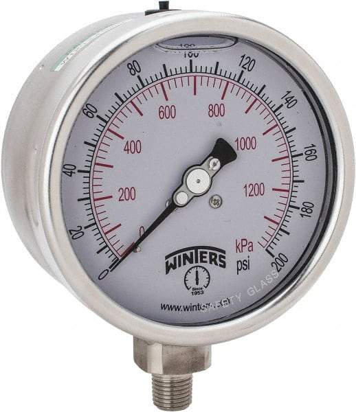 Winters - 4" Dial, 1/4 Thread, 0-200 Scale Range, Pressure Gauge - Lower Connection Mount, Accurate to 1% of Scale - Industrial Tool & Supply