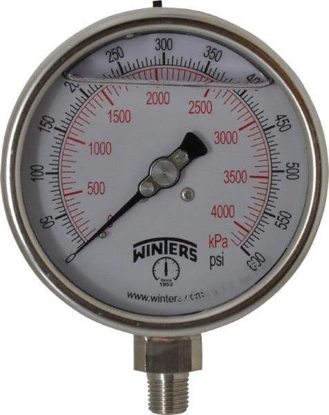 Winters - 4" Dial, 1/4 Thread, 0-600 Scale Range, Pressure Gauge - Lower Connection Mount, Accurate to 1% of Scale - Industrial Tool & Supply