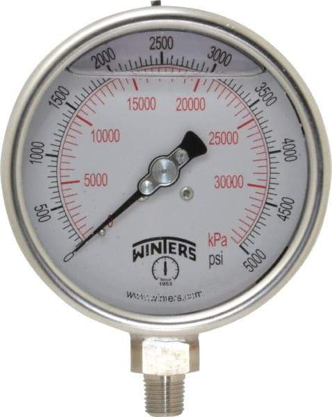 Winters - 4" Dial, 1/4 Thread, 0-5,000 Scale Range, Pressure Gauge - Lower Connection Mount, Accurate to 1% of Scale - Industrial Tool & Supply