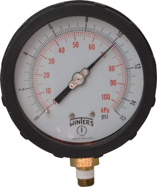 Winters - 4" Dial, 1/4 Thread, 0-15 Scale Range, Pressure Gauge - Lower Connection Mount, Accurate to 1% of Scale - Industrial Tool & Supply