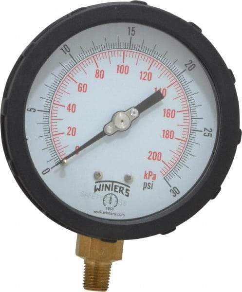 Winters - 4" Dial, 1/4 Thread, 0-30 Scale Range, Pressure Gauge - Lower Connection Mount, Accurate to 1% of Scale - Industrial Tool & Supply