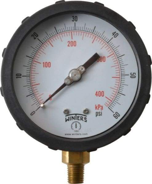 Winters - 4" Dial, 1/4 Thread, 0-60 Scale Range, Pressure Gauge - Lower Connection Mount, Accurate to 1% of Scale - Industrial Tool & Supply
