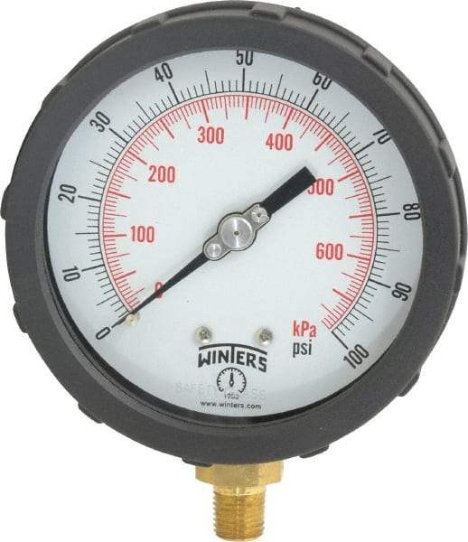 Winters - 4" Dial, 1/4 Thread, 0-100 Scale Range, Pressure Gauge - Lower Connection Mount, Accurate to 1% of Scale - Industrial Tool & Supply