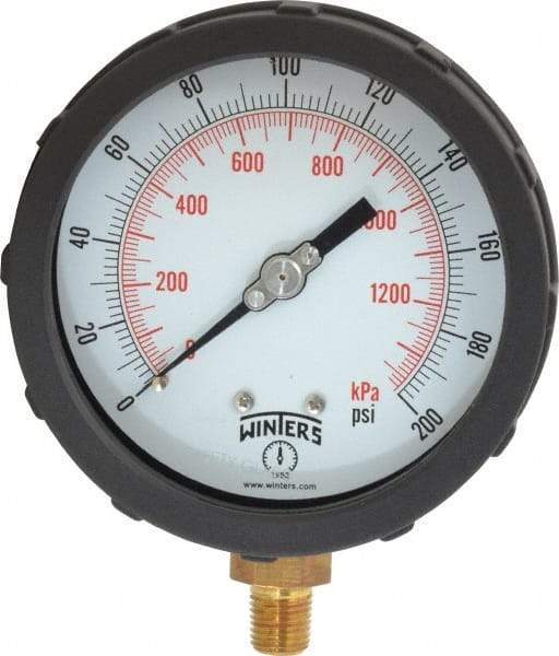Winters - 4" Dial, 1/4 Thread, 0-200 Scale Range, Pressure Gauge - Lower Connection Mount, Accurate to 1% of Scale - Industrial Tool & Supply
