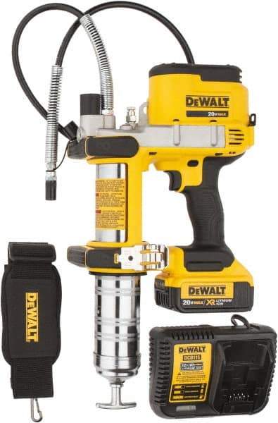 DeWALT - 10,000 Max psi, Flexible Battery-Operated Grease Gun - 16 oz Capacity, Bulk & Cartridge Fill, Includes DCB204 Battery, Fast Charger, Shoulder Strap & Kit Box - Industrial Tool & Supply