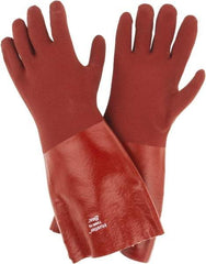 SHOWA - Size L (10), 18" Long, 15 mil Thick, Supported, PVC Chemical Resistant Gloves - Textured Finish, Cotton Interlock Knit Lined, Gauntlet Cuff, ANSI Abrasion Level 4, ANSI Cut Level 1, ANSI Puncture Level 1, Red - Industrial Tool & Supply