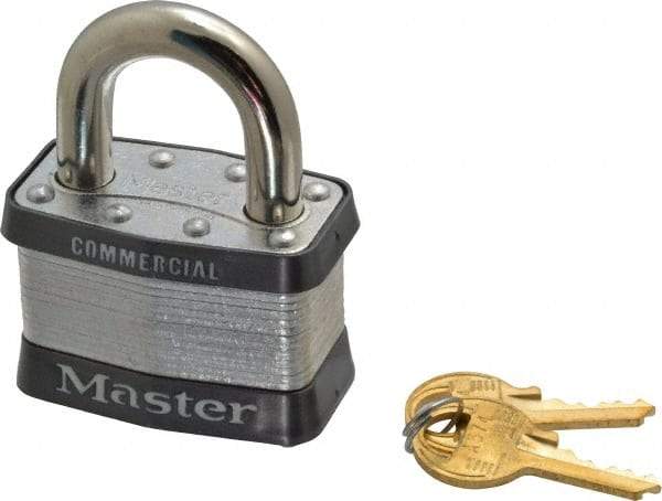 Master Lock - 1" Shackle Clearance, Keyed Different Padlock - 15/16" Shackle Width, 3/8" Shackle Diam, Laminated Steel - Industrial Tool & Supply