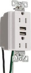 Cooper Wiring Devices - 2 USB Port, 2 Receptacle, 125 VAC, 5 VDC USB Receptacle - 5-15R NEMA Configuration, 15 Amp, White, 2.1 Amp Charging Power, Automatic Grounding, Screw Mount - Industrial Tool & Supply