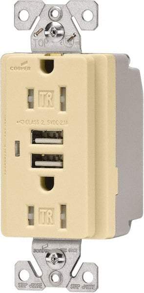 Cooper Wiring Devices - 2 USB Port, 2 Receptacle, 125 VAC, 5 VDC USB Receptacle - 5-15R NEMA Configuration, 15 Amp, Ivory, 2.1 Amp Charging Power, Automatic Grounding, Screw Mount - Industrial Tool & Supply