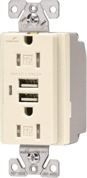 Cooper Wiring Devices - 2 USB Port, 2 Receptacle, 125 VAC, 5 VDC USB Receptacle - 5-15R NEMA Configuration, 15 Amp, Light Almond, 2.1 Amp Charging Power, Automatic Grounding, Screw Mount - Industrial Tool & Supply