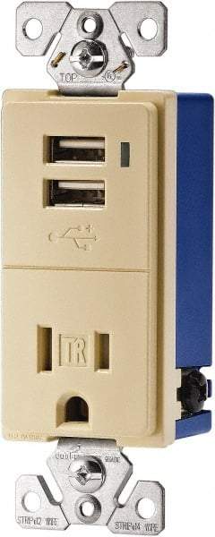 Cooper Wiring Devices - 2 USB Port, 1 Receptacle, 125 VAC, 5 VDC USB Receptacle - 5-15R NEMA Configuration, 15 Amp, Ivory, Screw Mount - Industrial Tool & Supply