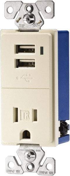 Cooper Wiring Devices - 2 USB Port, 1 Receptacle, 125 VAC, 5 VDC USB Receptacle - 5-15R NEMA Configuration, 15 Amp, Light Almond, Screw Mount - Industrial Tool & Supply