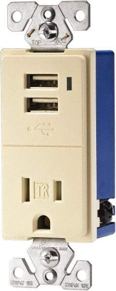 Cooper Wiring Devices - 2 USB Port, 1 Receptacle, 125 VAC, 5 VDC USB Receptacle - 5-15R NEMA Configuration, 15 Amp, Almond, Screw Mount - Industrial Tool & Supply