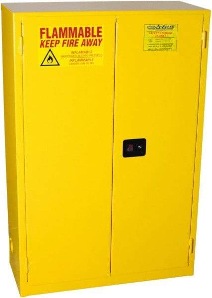 PRO-SAFE - 2 Door, 2 Shelf, Yellow Steel Standard Safety Cabinet for Flammable and Combustible Liquids - 65" High x 43" Wide x 18" Deep, Self Closing Door, 3 Point Key Lock, 45 Gal Capacity - Industrial Tool & Supply