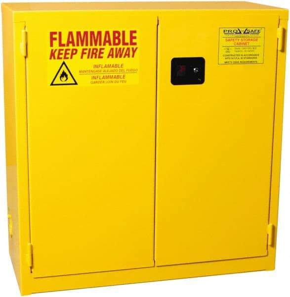 PRO-SAFE - 2 Door, 1 Shelf, Yellow Steel Standard Safety Cabinet for Flammable and Combustible Liquids - 44" High x 43" Wide x 18" Deep, Self Closing Door, 3 Point Key Lock, 30 Gal Capacity - Industrial Tool & Supply