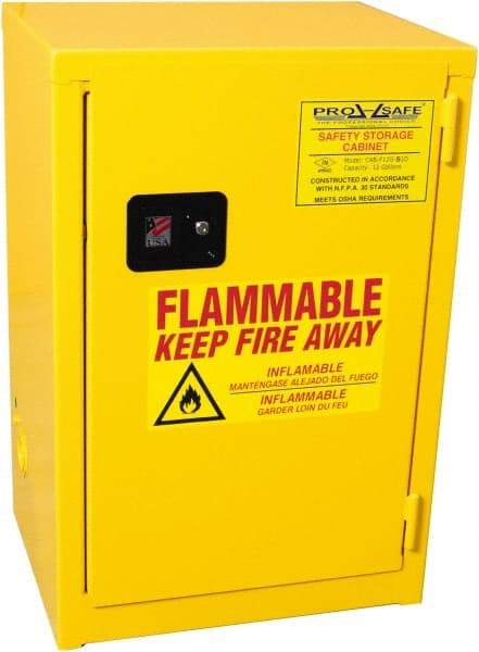 PRO-SAFE - 1 Door, 1 Shelf, Yellow Steel Space Saver Safety Cabinet for Flammable and Combustible Liquids - 35" High x 23" Wide x 18" Deep, Self Closing Door, 3 Point Key Lock, 12 Gal Capacity - Industrial Tool & Supply