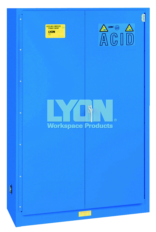 Acid Storage Cabinet - #5545 - 43 x 18 x 65" - 45 Gallon - w/2 shelves, three poly trays, bi-fold self-closing door - Blue Only - Industrial Tool & Supply