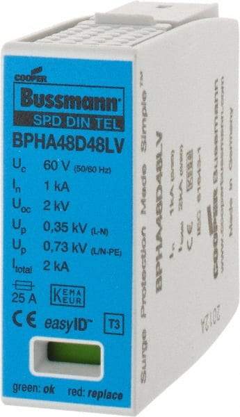 Cooper Bussmann - 2 Pole, 1 Phase, 1 kA Nominal Current, 90mm Long x 18mm Wide x 66mm Deep, Thermoplastic Hardwired Surge Protector - DIN Rail Mount, 48 VAC/VDC, 60 VAC/VDC Operating Voltage, 60 kA Surge Protection - Industrial Tool & Supply