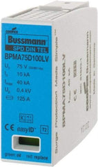 Cooper Bussmann - 1 Pole, 1 Phase, 10 kA Nominal Current, 90mm Long x 18mm Wide x 65mm Deep, Thermoplastic Hardwired Surge Protector - DIN Rail Mount, 100 VDC, 75 VAC, 100 VDC, 75 VAC Operating Voltage, 40 kA Surge Protection - Industrial Tool & Supply