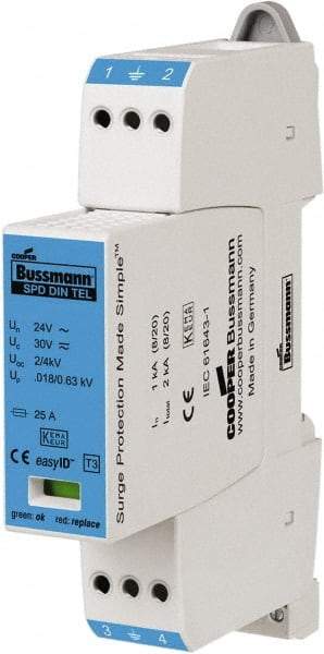 Cooper Bussmann - 2 Pole, 1 Phase, 1 kA Nominal Current, 90mm Long x 18mm Wide x 66mm Deep, Thermoplastic Hardwired Surge Protector - DIN Rail Mount, 24 VAC/VDC, 30 VAC/VDC Operating Voltage, 30 kA Surge Protection - Industrial Tool & Supply