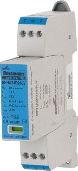 Cooper Bussmann - 2 Pole, 1 Phase, 1 kA Nominal Current, 90mm Long x 18mm Wide x 66mm Deep, Thermoplastic Hardwired Surge Protector - DIN Rail Mount, 24 VAC/VDC, 30 VAC/VDC Operating Voltage, 4 kA Surge Protection - Industrial Tool & Supply