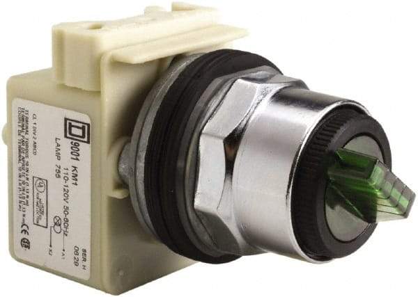 Square D - 30mm Mount Hole, 2 Position, Selector Switch Only - Green, Maintained (MA), Illuminated - Industrial Tool & Supply