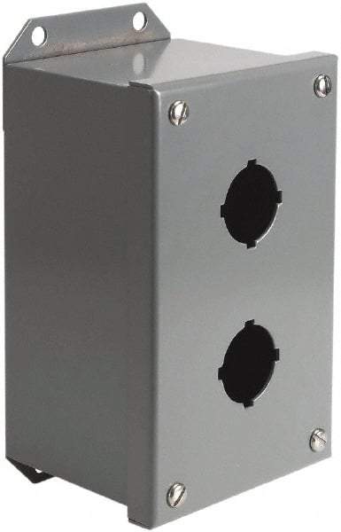 Square D - 2 Hole, 30mm Hole Diameter, Steel Pushbutton Switch Enclosure - 4-3/4 Inch High x 4.17 Inch Wide x 3.62 Inch Deep, 1, 3, 14 NEMA Rated - Industrial Tool & Supply