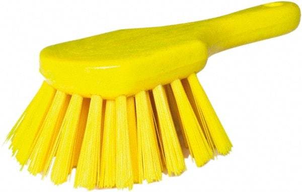 PRO-SOURCE - 1-3/4" Bristle Length, Plastic Utility Scrub Brush - 4-1/2" Long x 3-3/4" Wide Head, 8-1/2" OAL, Short Handle, Yellow, Foam Block - Industrial Tool & Supply