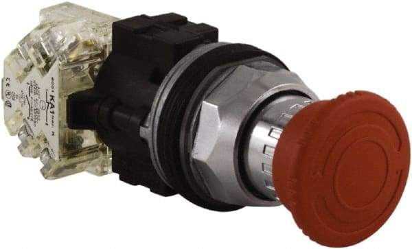 Square D - 1.18 Inch Mount Hole, Extended Mushroom Head, Pushbutton Switch Only - Round, Red Pushbutton, Nonilluminated, Shock and Vibration Resistant, Maintainted (MA) - Industrial Tool & Supply