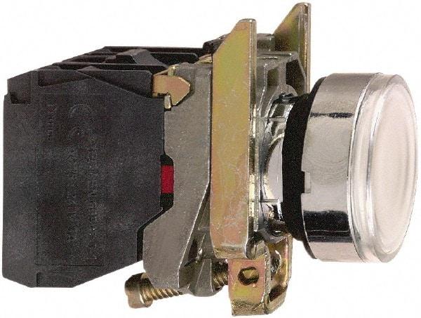 Schneider Electric - 22mm Mount Hole, Flush, Pushbutton Switch with Contact Block - Round, White Pushbutton, Illuminated, Momentary (MO) - Industrial Tool & Supply