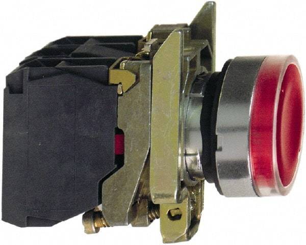 Schneider Electric - 22mm Mount Hole, Flush, Pushbutton Switch with Contact Block - Round, Red Pushbutton, Illuminated, Momentary (MO) - Industrial Tool & Supply