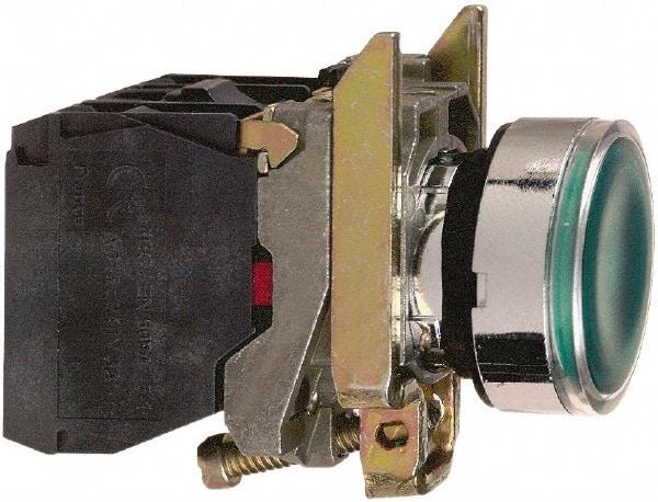Schneider Electric - 22mm Mount Hole, Flush, Pushbutton Switch with Contact Block - Round, Green Pushbutton, Illuminated, Momentary (MO) - Industrial Tool & Supply