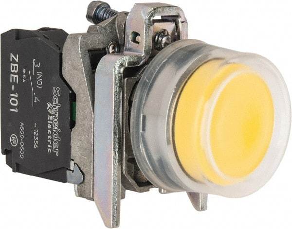 Square D - 0.87 Inch Mount Hole, Pushbutton Switch Only - Round, Yellow Pushbutton, Illuminated, Momentary (MO), Shock and Vibration Resistant - Industrial Tool & Supply