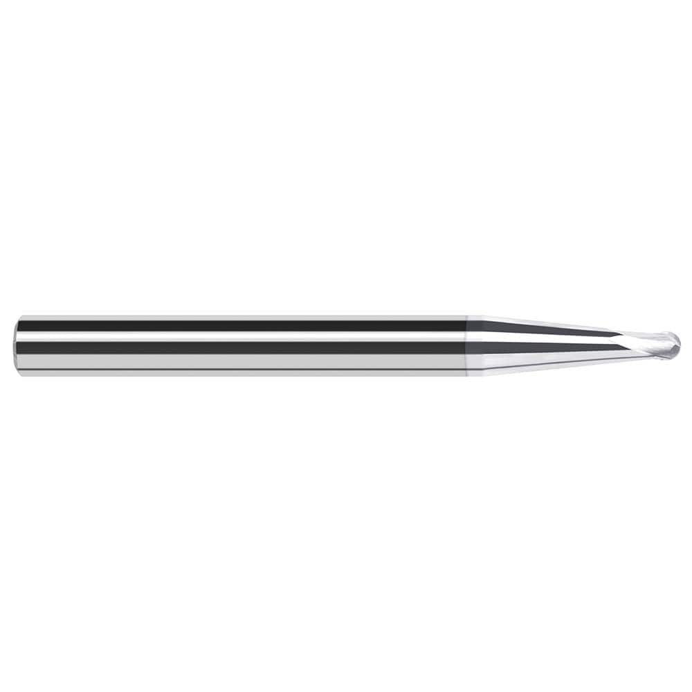 Ball End Mill: 0.125″ Dia, 0.1″ LOC, 2 Flute, Solid Carbide 2-1/2″ OAL, 1/4″ Shank Dia, 45 ° Helix, TiB2 Coated, Single End