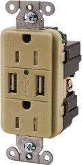 Hubbell Wiring Device-Kellems - 2 USB Port, 2 Receptacle, 125 VAC, 5 VDC USB Receptacle - 5-15R NEMA Configuration, 15 Amp, Ivory, 3.8 Amp Charging Power, Screw Mount - Industrial Tool & Supply