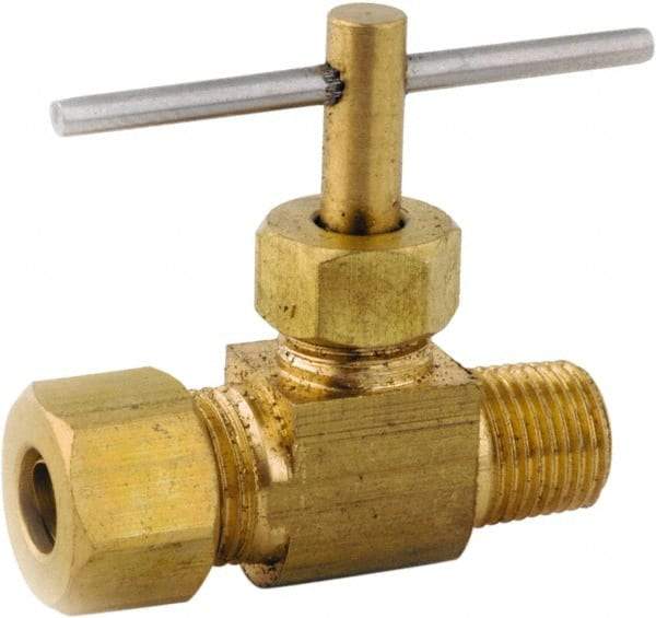 ANDERSON METALS - 1/4 x 1/8" Pipe, Inline Metal Seat Needle Valve - Brass Seal, Compression x MIP Ends, Lead Free Brass Valve, 150 Max psi - Industrial Tool & Supply