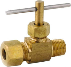 ANDERSON METALS - 1/4 x 1/8" Pipe, Inline Metal Seat Needle Valve - Brass Seal, Compression x MIP Ends, Lead Free Brass Valve, 150 Max psi - Industrial Tool & Supply