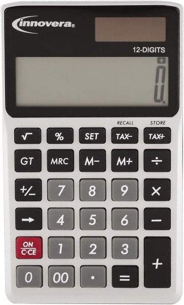 innovera - 12-Digit LCD 4 Function Handheld Calculator - 14mm Display Size, Silver & Black, Solar & Battery Powered - Industrial Tool & Supply