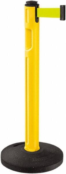 Lavi Industries - 38-1/4" High, 3-1/4" Pole Diam, Stanchion - 16" Base Diam, Dome Recycled Rubber Base, Yellow Plastic Post, 12' x 2" Tape, Single Line Tape, For Outdoor Use - Industrial Tool & Supply