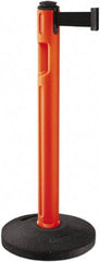 Lavi Industries - 38-1/4" High, 3-1/4" Pole Diam, Stanchion - 16" Base Diam, Dome Recycled Rubber Base, Orange Plastic Post, 12' x 2" Tape, Single Line Tape, For Outdoor Use - Industrial Tool & Supply