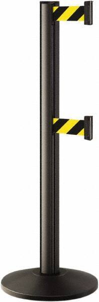 Lavi Industries - 40" High, 2-3/4" Pole Diam, Stanchion - 14" Base Diam, Dome Cast Iron Base, Black Aluminum Post, 7' x 2" Tape, Single Line Tape - Industrial Tool & Supply