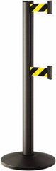 Lavi Industries - 40" High, 2-3/4" Pole Diam, Stanchion - 14" Base Diam, Dome Cast Iron Base, Black Aluminum Post, 7' x 2" Tape, Single Line Tape - Industrial Tool & Supply