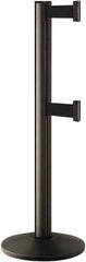 Lavi Industries - 40" High, 2-3/4" Pole Diam, Stanchion - 14" Base Diam, Dome Cast Iron Base, Black Aluminum Post, 7' x 2" Tape, Single Line Tape - Industrial Tool & Supply
