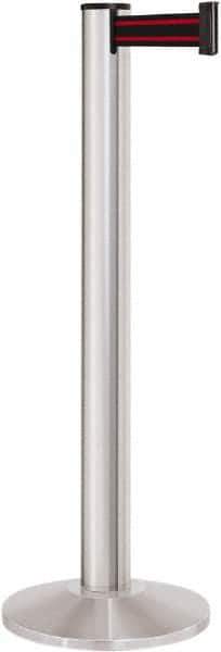 Lavi Industries - 40" High, 2-3/4" Pole Diam, Stanchion - 14" Base Diam, Dome Cast Iron Base, Satin Chrome (Color) Aluminum Post, 13' x 2" Tape, Single Line Tape - Industrial Tool & Supply
