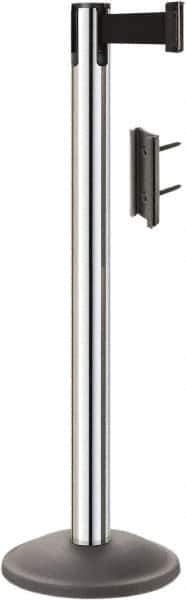 Lavi Industries - 38-1/2" High, 2-3/4" Pole Diam, Stanchion - 12-1/2" Base Diam, Round Steel Base, Polished Chrome (Color) Steel Post, 7' x 2" Tape, Single Line Tape - Industrial Tool & Supply