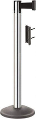 Lavi Industries - 38-1/2" High, 2-3/4" Pole Diam, Stanchion - 12-1/2" Base Diam, Round Steel Base, Polished Chrome (Color) Steel Post, 7' x 2" Tape, Single Line Tape - Industrial Tool & Supply